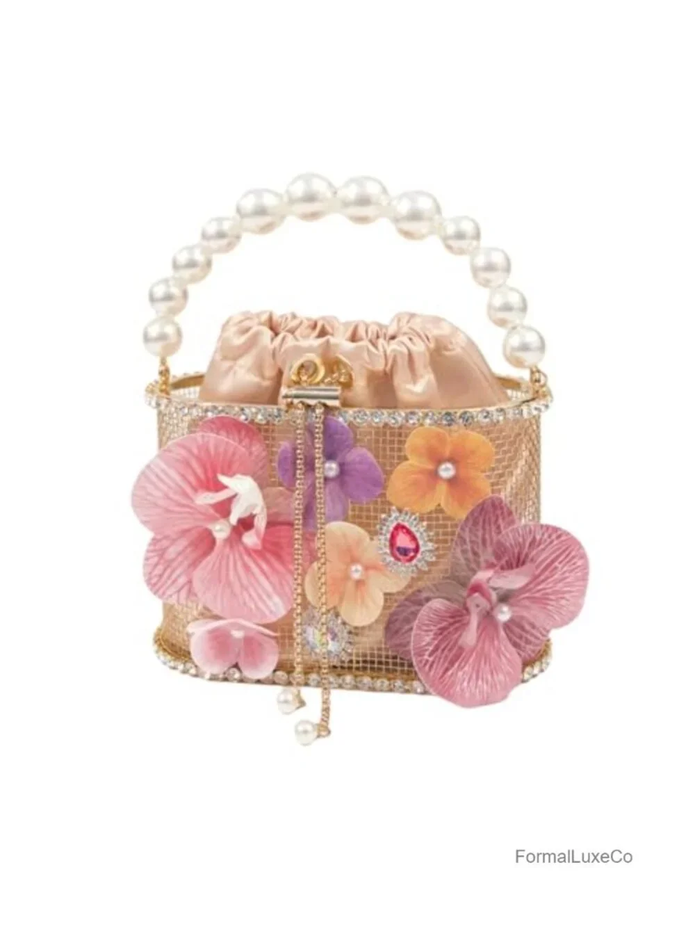 Evening Bag Flower Shaped Rhinestone Gold Metallic Bucket Crossbody Clutch Party